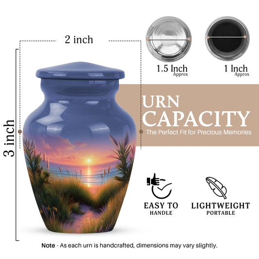 Soft Blue Beach Cremation Urn close-up of engraving and surface detail - traditional beach engraving with hand-polished finish - mini keepsake memorial for portion of cremation ashes