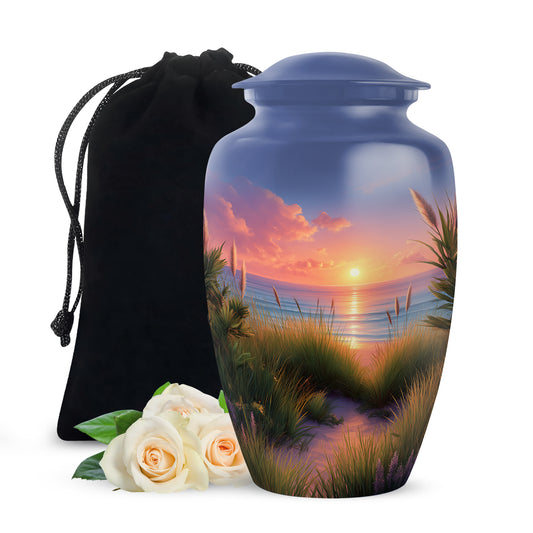 Sky Blue Beach Cremation Urn angled view of lid and engraved motif - timeless beach motif etched into premium metal - full-size 10 inch 200 cubic inch adult cremation urn