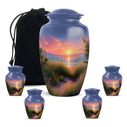 Icy Blue Beach Cremation Urn top-down view of secure threaded lid - timeless beach motif etched into premium metal - memorial set with one large and four small urns