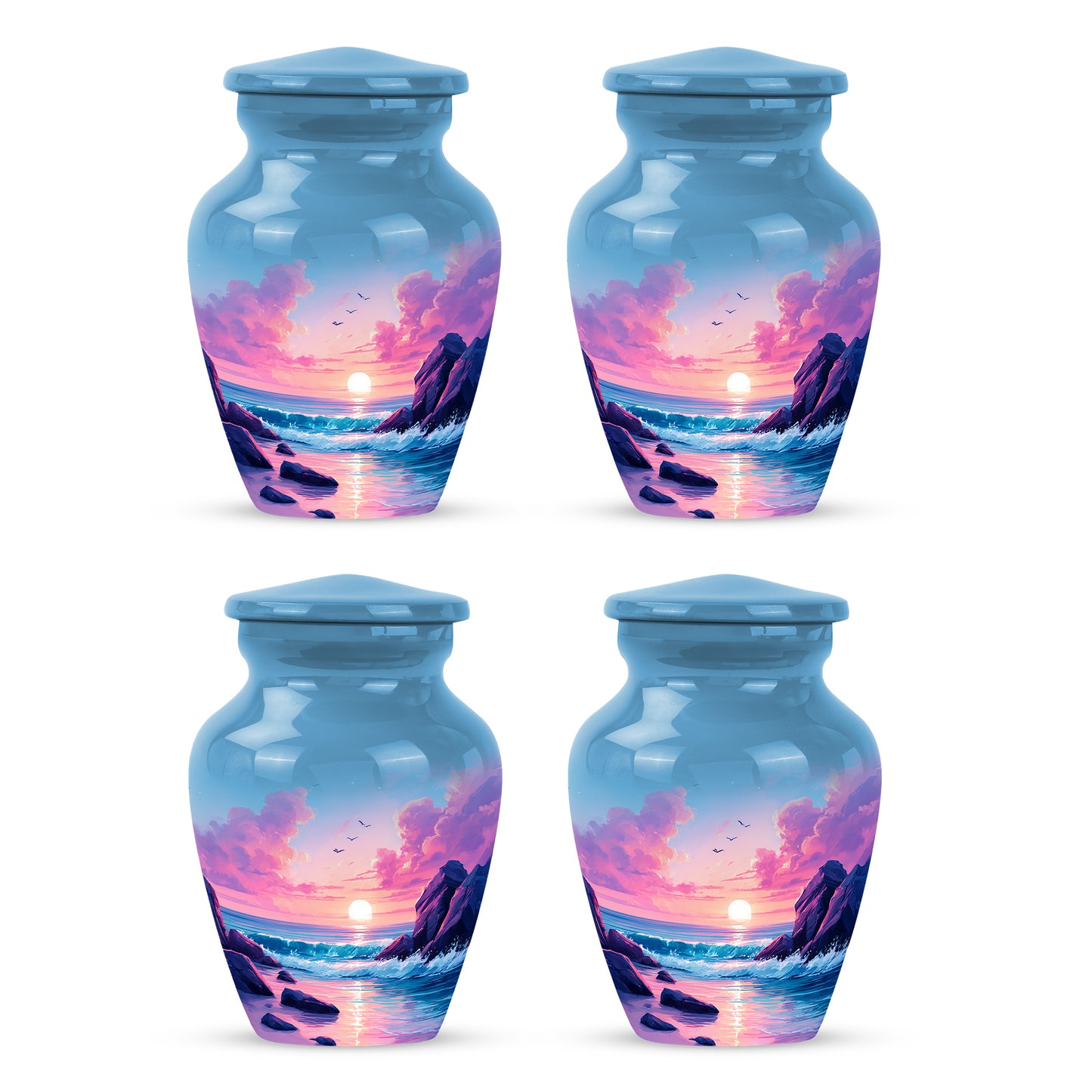 Powder Blue Beach Cremation Urn side profile showing urn shape - timeless beach motif etched into premium metal - 10 inch aluminum urn for cremated remains