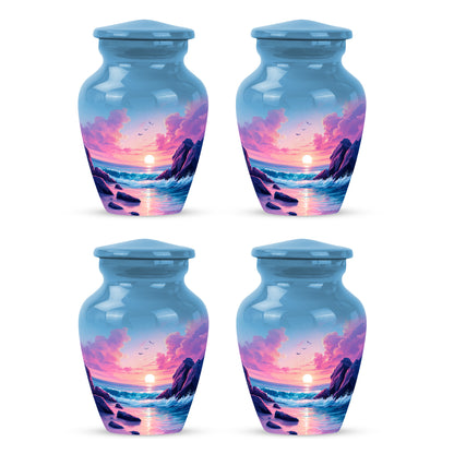 Powder Blue Beach Cremation Urn side profile showing urn shape - timeless beach motif etched into premium metal - 10 inch aluminum urn for cremated remains
