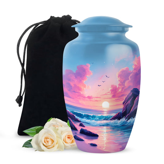 Powder Blue Beach Cremation Urn angled view of lid and engraved motif - classic sculpted beach pattern on smooth aluminum - full-size 10 inch 200 cubic inch adult cremation urn