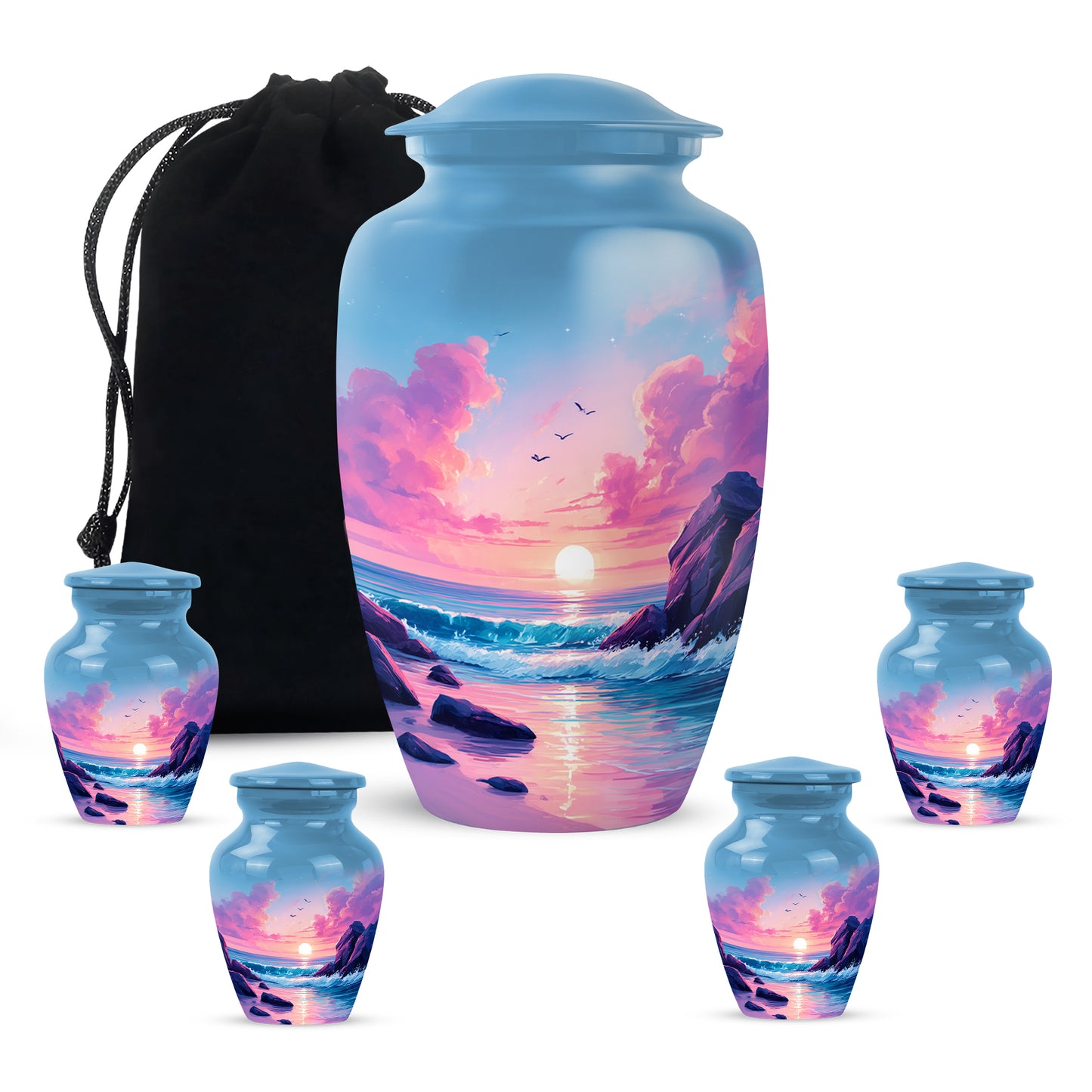 Twilight Blue Beach Cremation Urn top-down view of secure threaded lid - elegant classic beach relief with fine detailing - memorial set with one large and four small urns