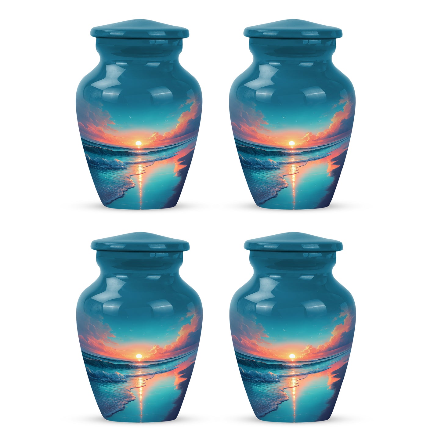 Steel Blue Beach Cremation Urn side profile showing urn shape - traditional beach engraving with hand-polished finish - 10 inch aluminum urn for cremated remains