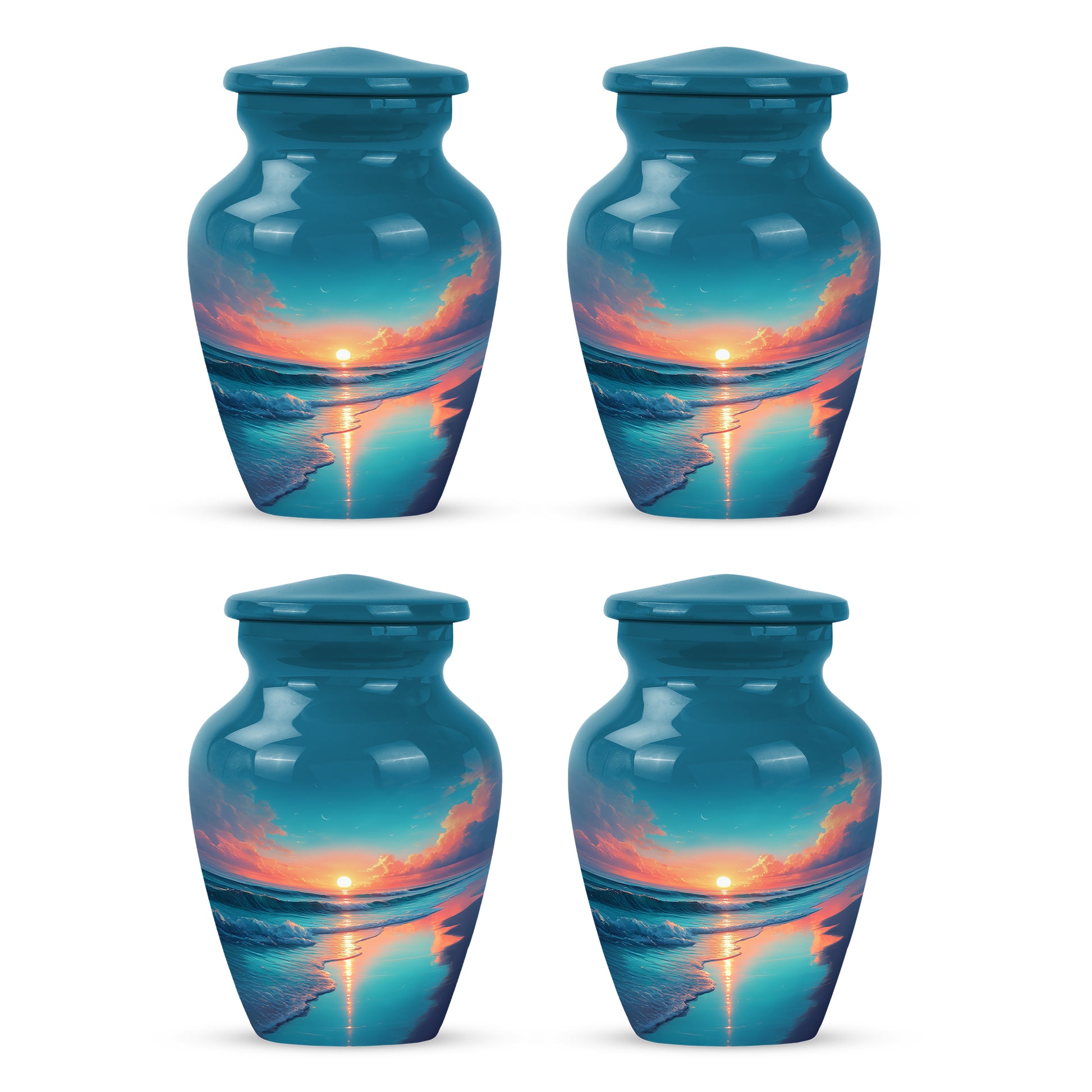 Steel Blue Beach Cremation Urn side profile showing urn shape - traditional beach engraving with hand-polished finish - 10 inch aluminum urn for cremated remains
