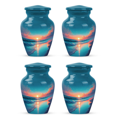 Steel Blue Beach Cremation Urn side profile showing urn shape - traditional beach engraving with hand-polished finish - 10 inch aluminum urn for cremated remains