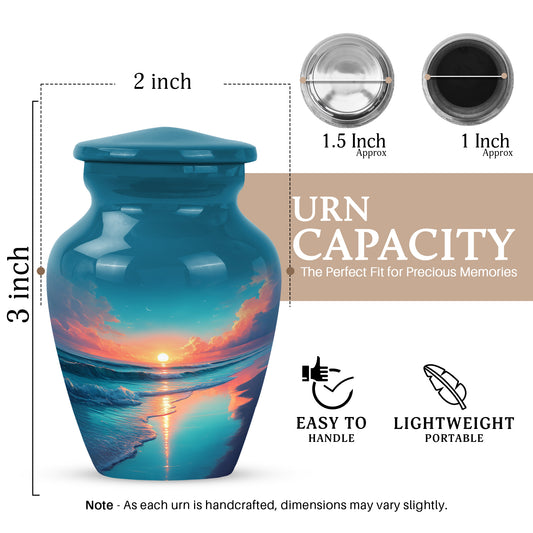 Twilight Blue Beach Cremation Urn close-up of engraving and surface detail - traditional beach engraving with hand-polished finish - mini keepsake memorial for portion of cremation ashes
