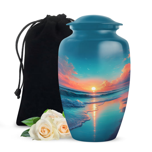 Sapphire Blue Beach Cremation Urn angled view of lid and engraved motif - traditional beach engraving with hand-polished finish - full-size 10 inch 200 cubic inch adult cremation urn