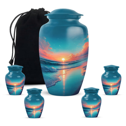 Calming Blue Beach Cremation Urn top-down view of secure threaded lid - traditional beach engraving with hand-polished finish - memorial set with one large and four small urns