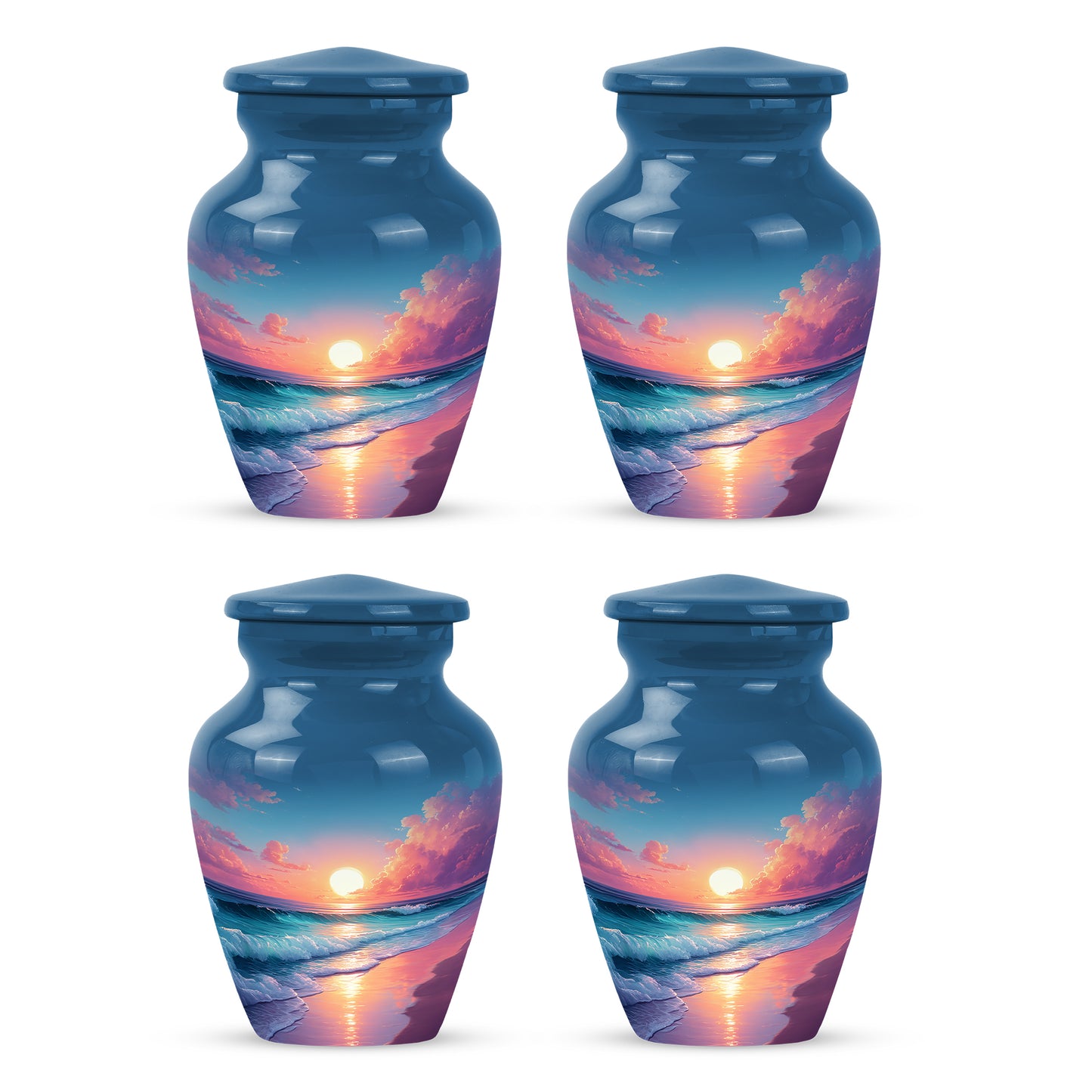 Navy Blue Beach Cremation Urn side profile showing urn shape - classic sculpted beach pattern on smooth aluminum - 10 inch aluminum urn for cremated remains