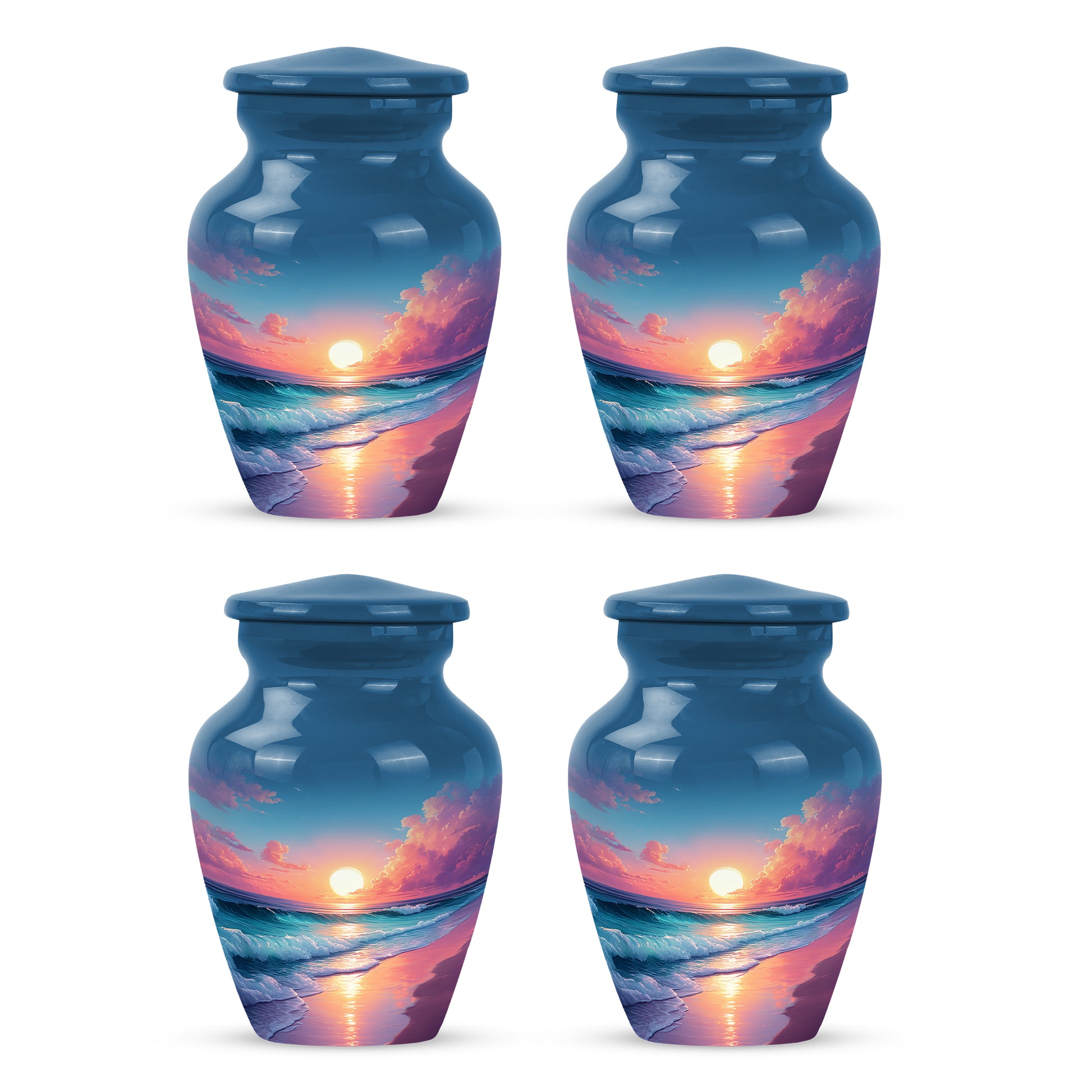 Navy Blue Beach Cremation Urn side profile showing urn shape - classic sculpted beach pattern on smooth aluminum - 10 inch aluminum urn for cremated remains