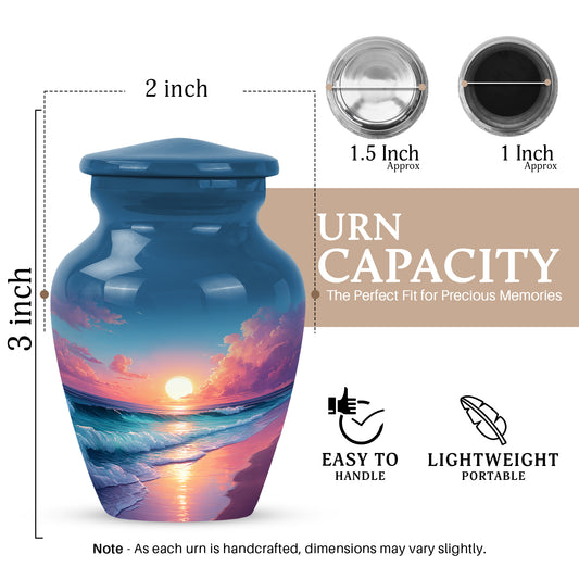 Icy Blue Beach Cremation Urn close-up of engraving and surface detail - timeless beach motif etched into premium metal - mini keepsake memorial for portion of cremation ashes