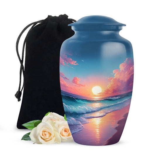 Bright Blue Beach Cremation Urn angled view of lid and engraved motif - elegant classic beach relief with fine detailing - full-size 10 inch 200 cubic inch adult cremation urn
