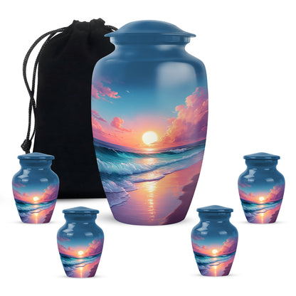 Soft Blue Beach Cremation Urn top-down view of secure threaded lid - traditional beach engraving with hand-polished finish - memorial set with one large and four small urns