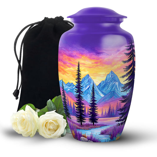 Powder Blue Beach Cremation Urn angled view of lid and engraved motif - timeless beach motif etched into premium metal - full-size 10 inch 200 cubic inch adult cremation urn