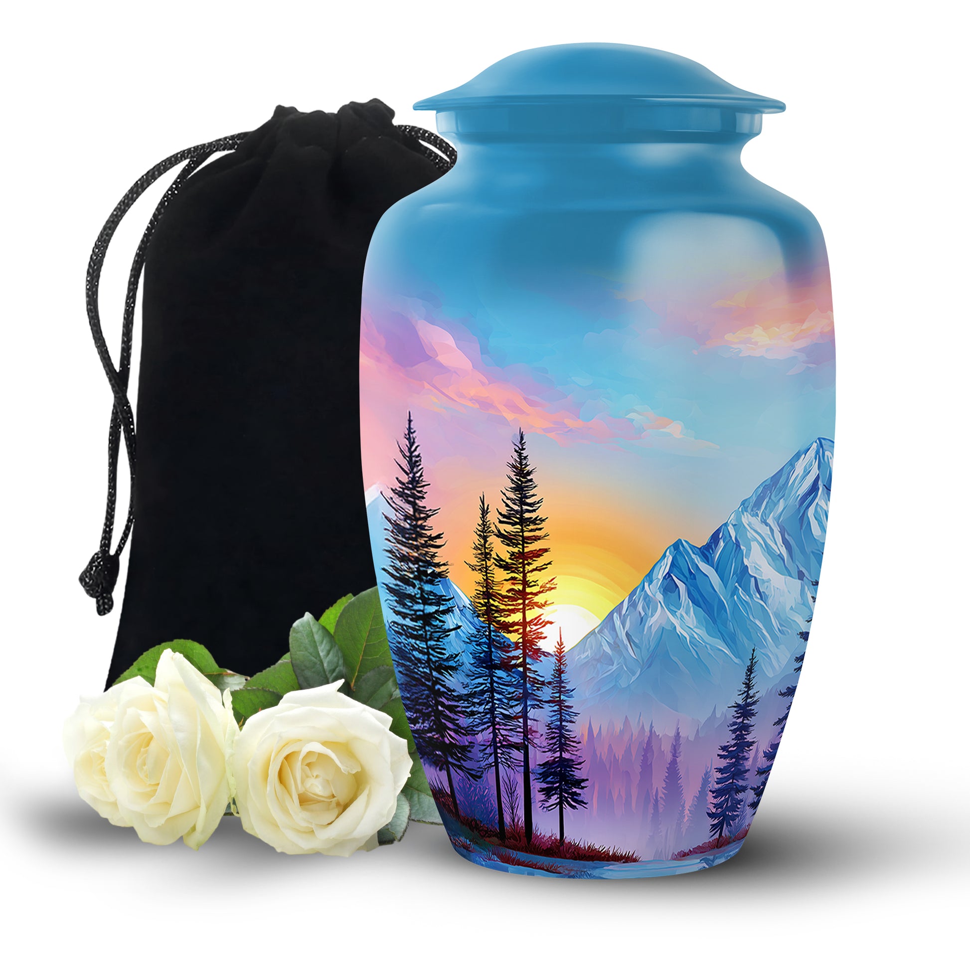 Powder Blue Beach Cremation Urn angled view of lid and engraved motif - timeless beach motif etched into premium metal - full-size 10 inch 200 cubic inch adult cremation urn