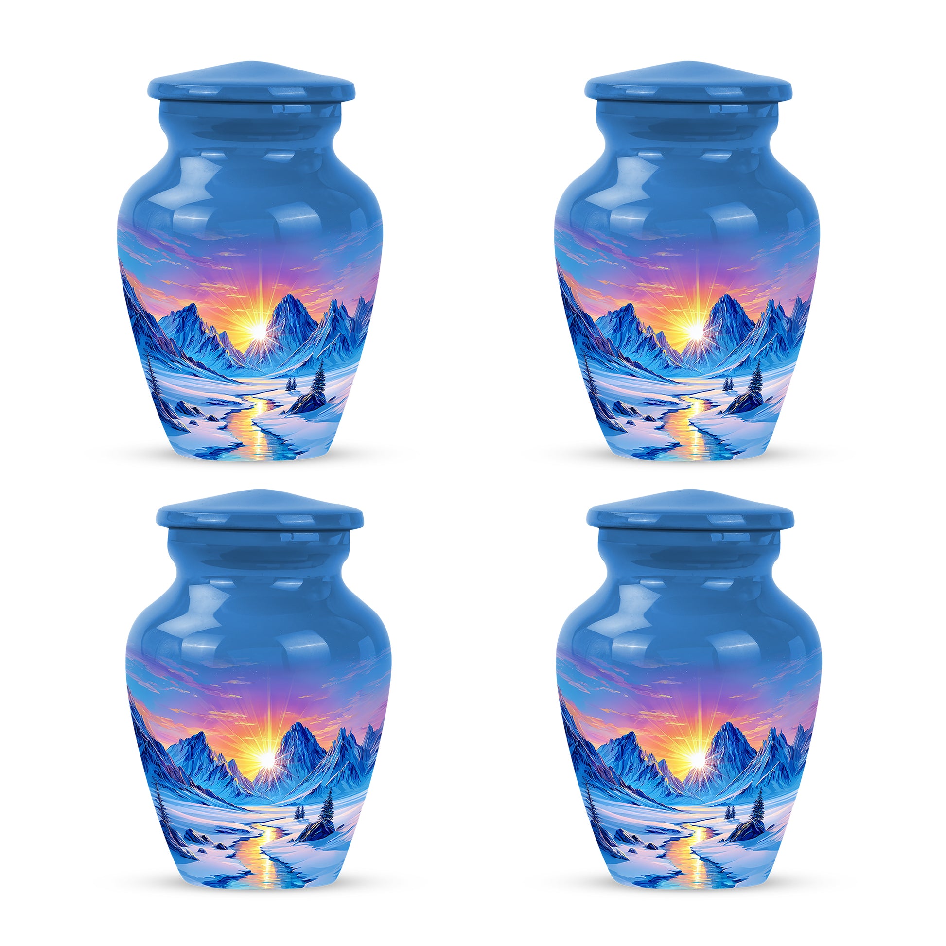 Twilight Blue Beach Cremation Urn side profile showing urn shape - traditional beach engraving with hand-polished finish - 10 inch aluminum urn for cremated remains