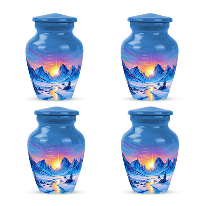 Twilight Blue Beach Cremation Urn side profile showing urn shape - traditional beach engraving with hand-polished finish - 10 inch aluminum urn for cremated remains
