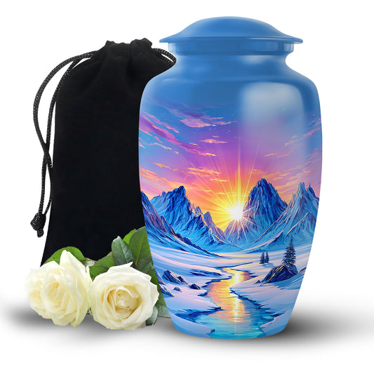 Azure Beach Cremation Urn angled view of lid and engraved motif - classic sculpted beach pattern on smooth aluminum - full-size 10 inch 200 cubic inch adult cremation urn