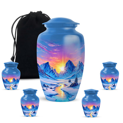 Slate Blue Beach Cremation Urn top-down view of secure threaded lid - classic sculpted beach pattern on smooth aluminum - memorial set with one large and four small urns