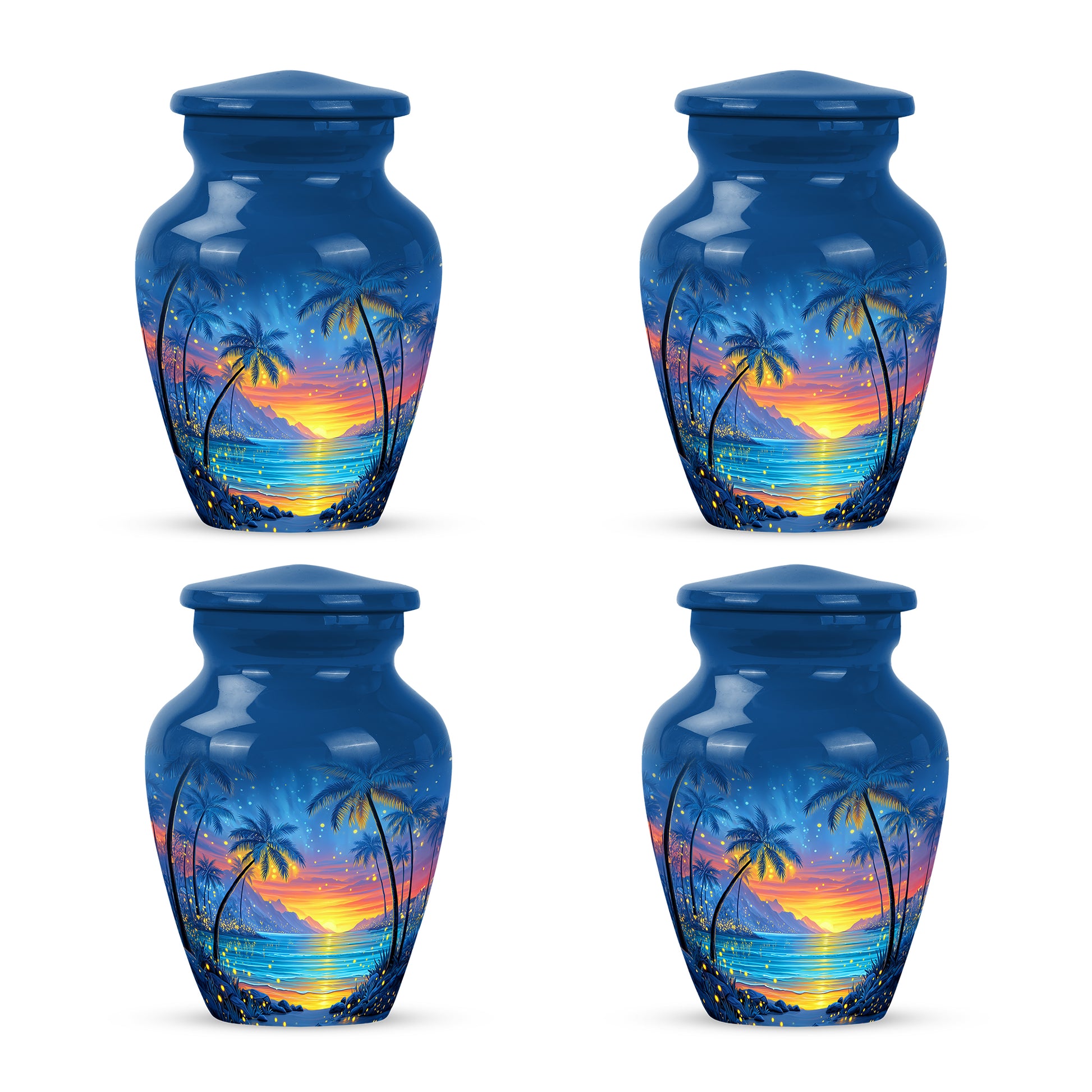 Icy Blue Beach Cremation Urn side profile showing urn shape - timeless beach motif etched into premium metal - 10 inch aluminum urn for cremated remains