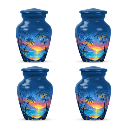 Icy Blue Beach Cremation Urn side profile showing urn shape - timeless beach motif etched into premium metal - 10 inch aluminum urn for cremated remains