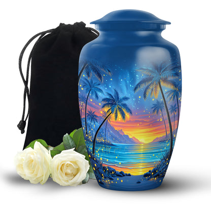 Sky Blue Beach Cremation Urn angled view of lid and engraved motif - timeless beach motif etched into premium metal - full-size 10 inch 200 cubic inch adult cremation urn