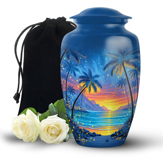 Sky Blue Beach Cremation Urn angled view of lid and engraved motif - timeless beach motif etched into premium metal - full-size 10 inch 200 cubic inch adult cremation urn