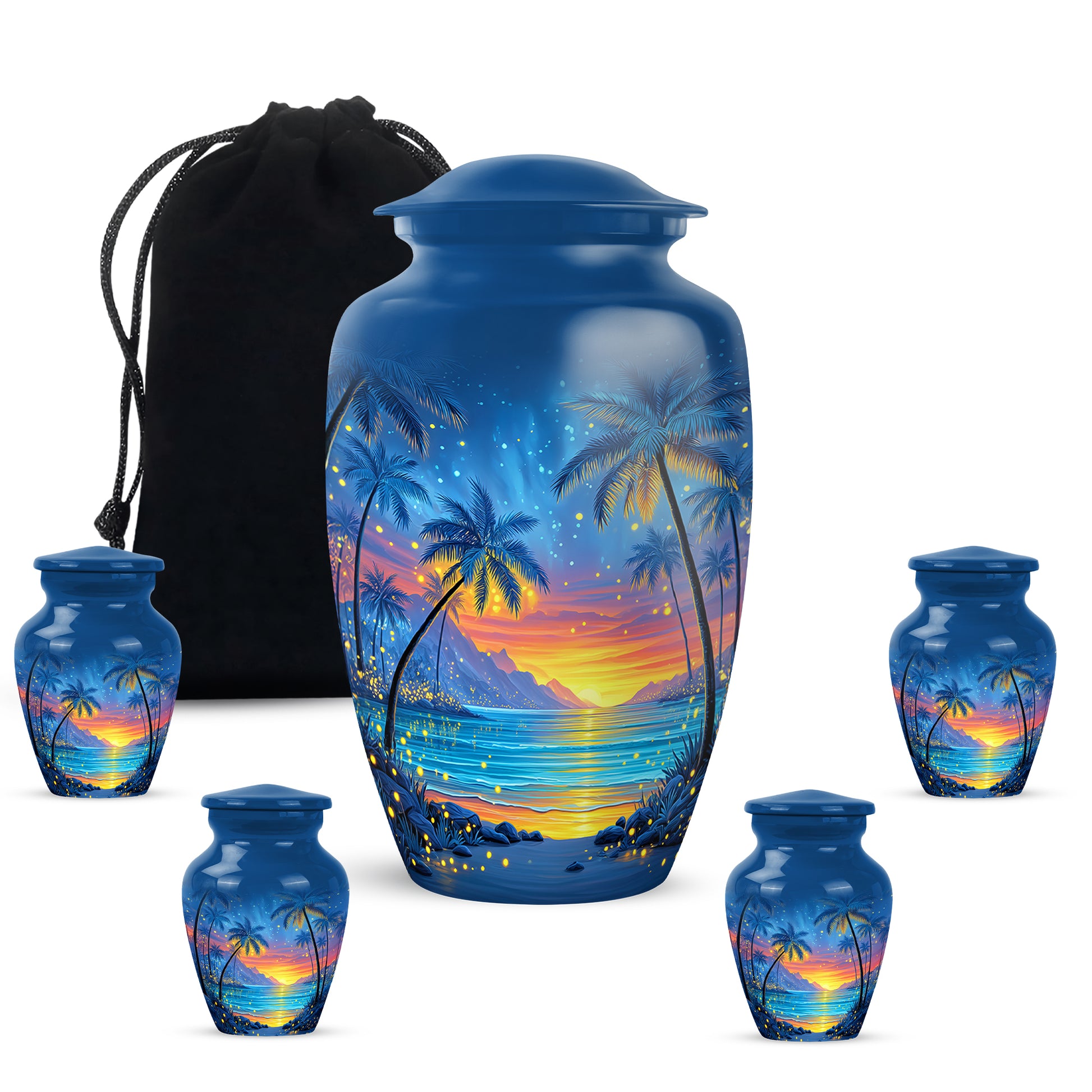 Slate Blue Beach Cremation Urn top-down view of secure threaded lid - classic sculpted beach pattern on smooth aluminum - memorial set with one large and four small urns