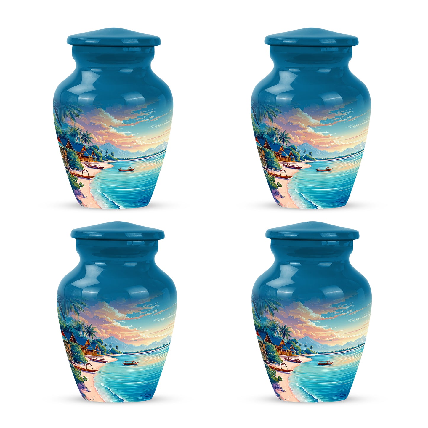 Indigo Beach Cremation Urn side profile showing urn shape - classic sculpted beach pattern on smooth aluminum - 10 inch aluminum urn for cremated remains