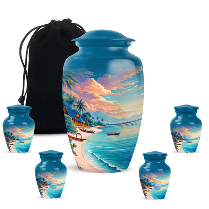 Sapphire Blue Beach Cremation Urn top-down view of secure threaded lid - elegant classic beach relief with fine detailing - memorial set with one large and four small urns