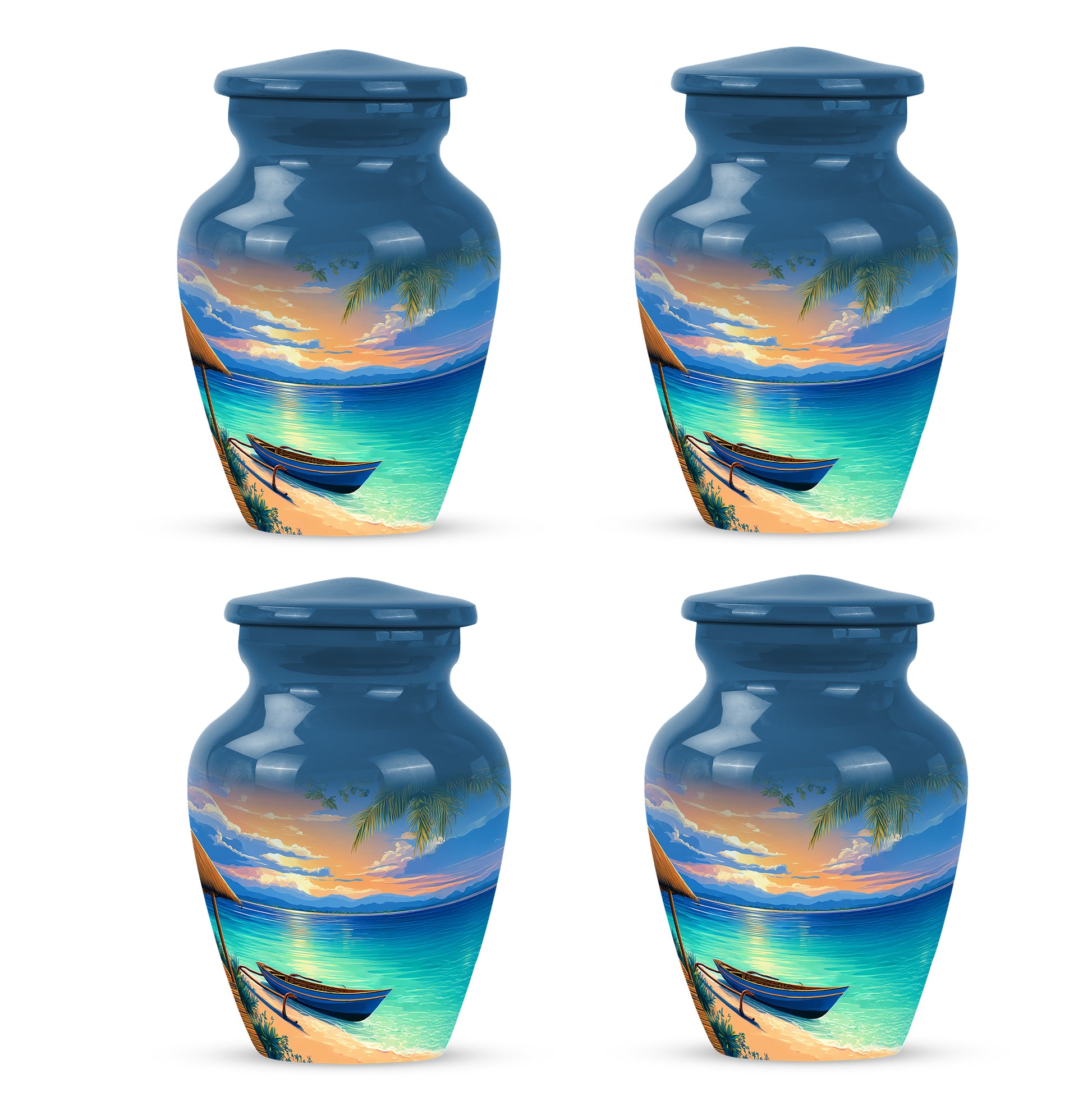 Sky Blue Beach Cremation Urn side profile showing urn shape - classic sculpted beach pattern on smooth aluminum - 10 inch aluminum urn for cremated remains