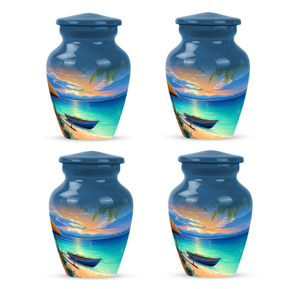 Sky Blue Beach Cremation Urn side profile showing urn shape - classic sculpted beach pattern on smooth aluminum - 10 inch aluminum urn for cremated remains