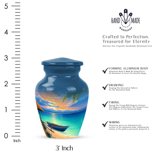 Slate Blue Beach Cremation Urn close-up of engraving and surface detail - classic sculpted beach pattern on smooth aluminum - mini keepsake memorial for portion of cremation ashes