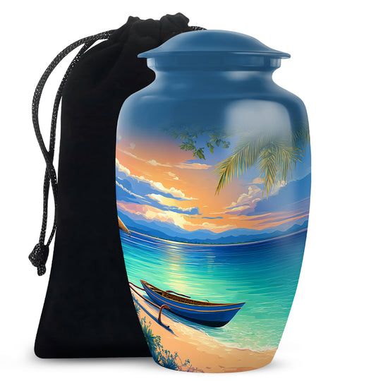 Bright Blue Beach Cremation Urn angled view of lid and engraved motif - elegant classic beach relief with fine detailing - full-size 10 inch 200 cubic inch adult cremation urn