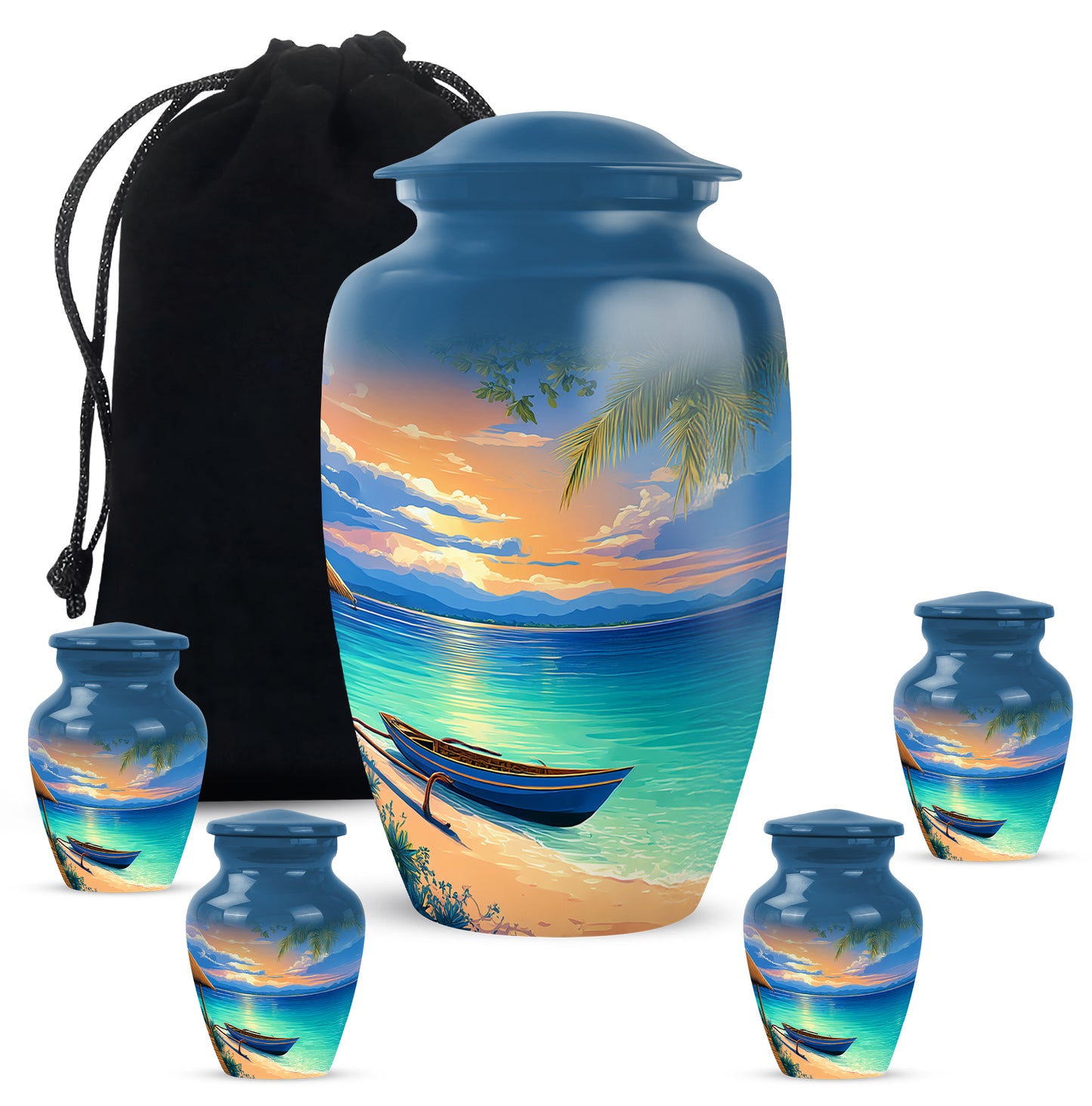 Royal Blue Beach Cremation Urn top-down view of secure threaded lid - elegant classic beach relief with fine detailing - memorial set with one large and four small urns