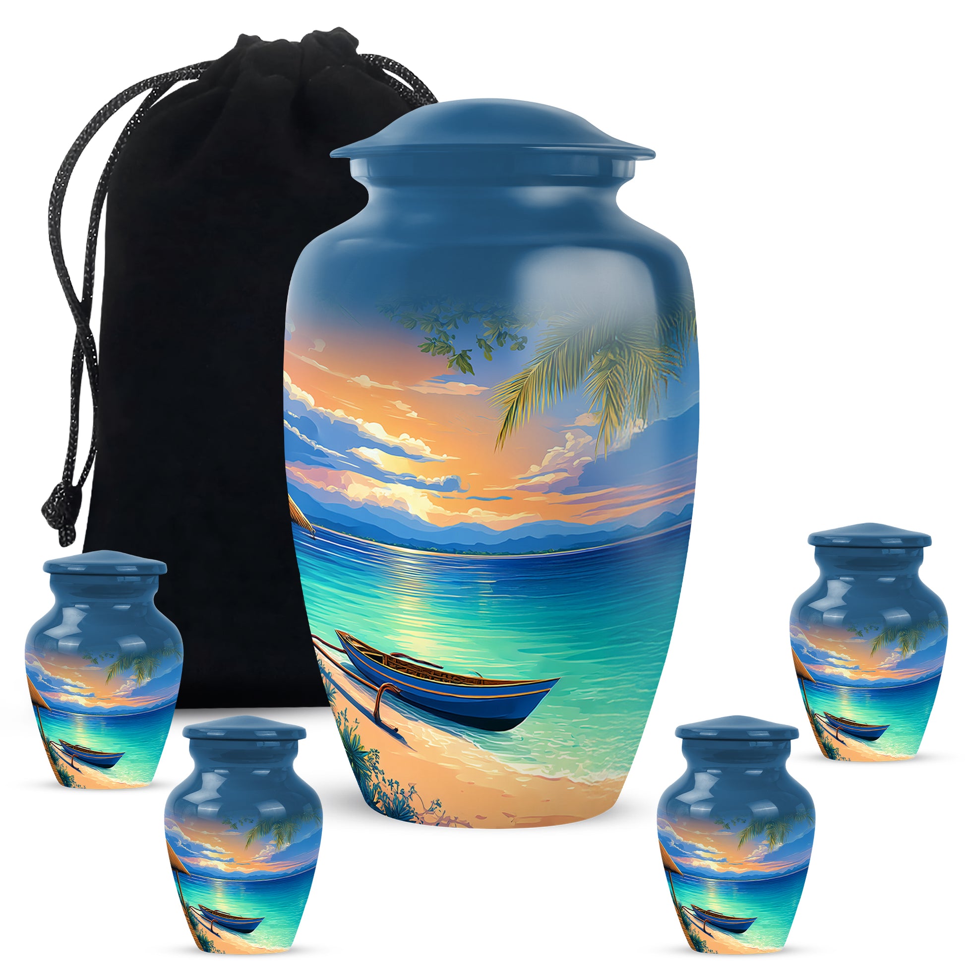 Royal Blue Beach Cremation Urn top-down view of secure threaded lid - elegant classic beach relief with fine detailing - memorial set with one large and four small urns