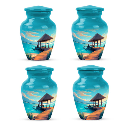 Deep Teal Beach Cremation Urn side profile showing urn shape - traditional beach engraving with hand-polished finish - 10 inch aluminum urn for cremated remains