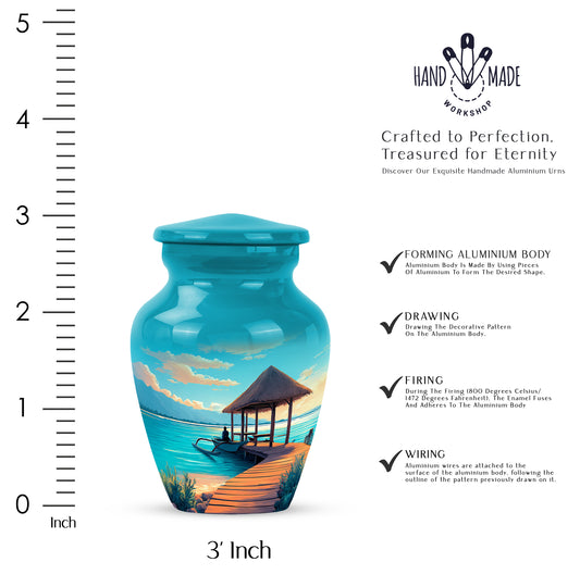 Soft Teal Beach Cremation Urn close-up of engraving and surface detail - classic sculpted beach pattern on smooth aluminum - mini keepsake memorial for portion of cremation ashes