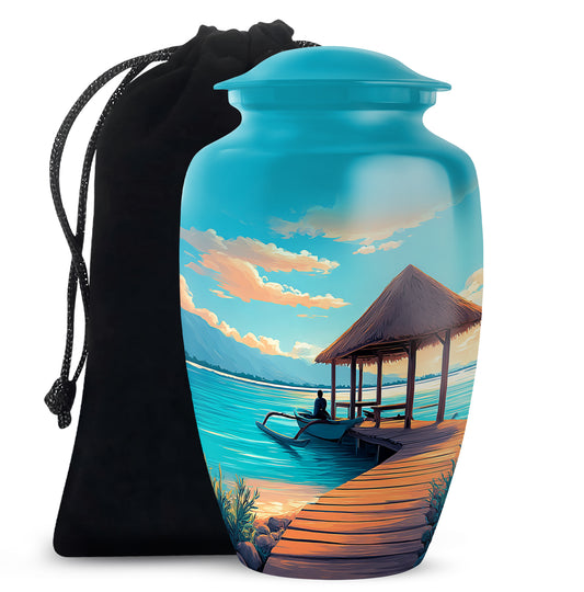 Ocean Teal Beach Cremation Urn angled view of lid and engraved motif - classic sculpted beach pattern on smooth aluminum - full-size 10 inch 200 cubic inch adult cremation urn