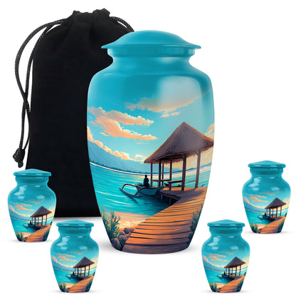 Deep Teal Beach Cremation Urn top-down view of secure threaded lid - elegant classic beach relief with fine detailing - memorial set with one large and four small urns