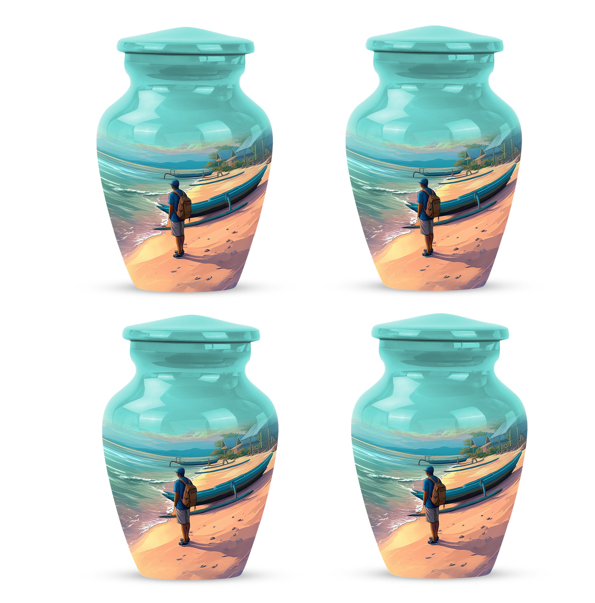 Soft Teal Beach Cremation Urn side profile showing urn shape - classic sculpted beach pattern on smooth aluminum - 10 inch aluminum urn for cremated remains