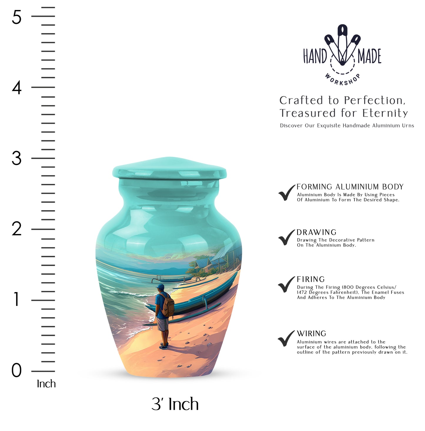 Jewel Teal Beach Cremation Urn close-up of engraving and surface detail - timeless beach motif etched into premium metal - mini keepsake memorial for portion of cremation ashes