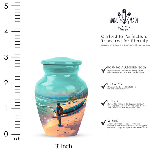 Jewel Teal Beach Cremation Urn close-up of engraving and surface detail - timeless beach motif etched into premium metal - mini keepsake memorial for portion of cremation ashes