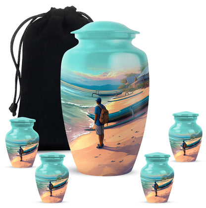 Soft Teal Beach Cremation Urn top-down view of secure threaded lid - classic sculpted beach pattern on smooth aluminum - memorial set with one large and four small urns