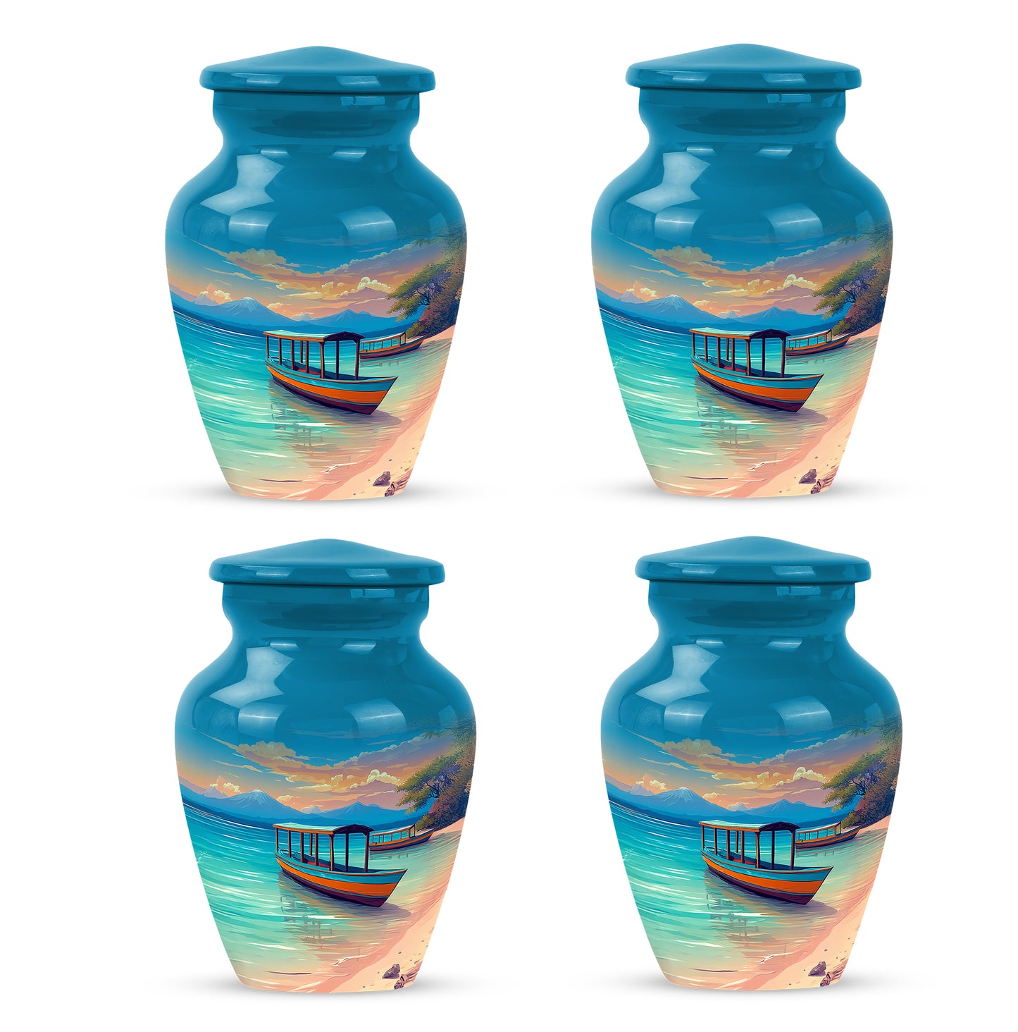 Powder Blue Beach Cremation Urn side profile showing urn shape - classic sculpted beach pattern on smooth aluminum - 10 inch aluminum urn for cremated remains