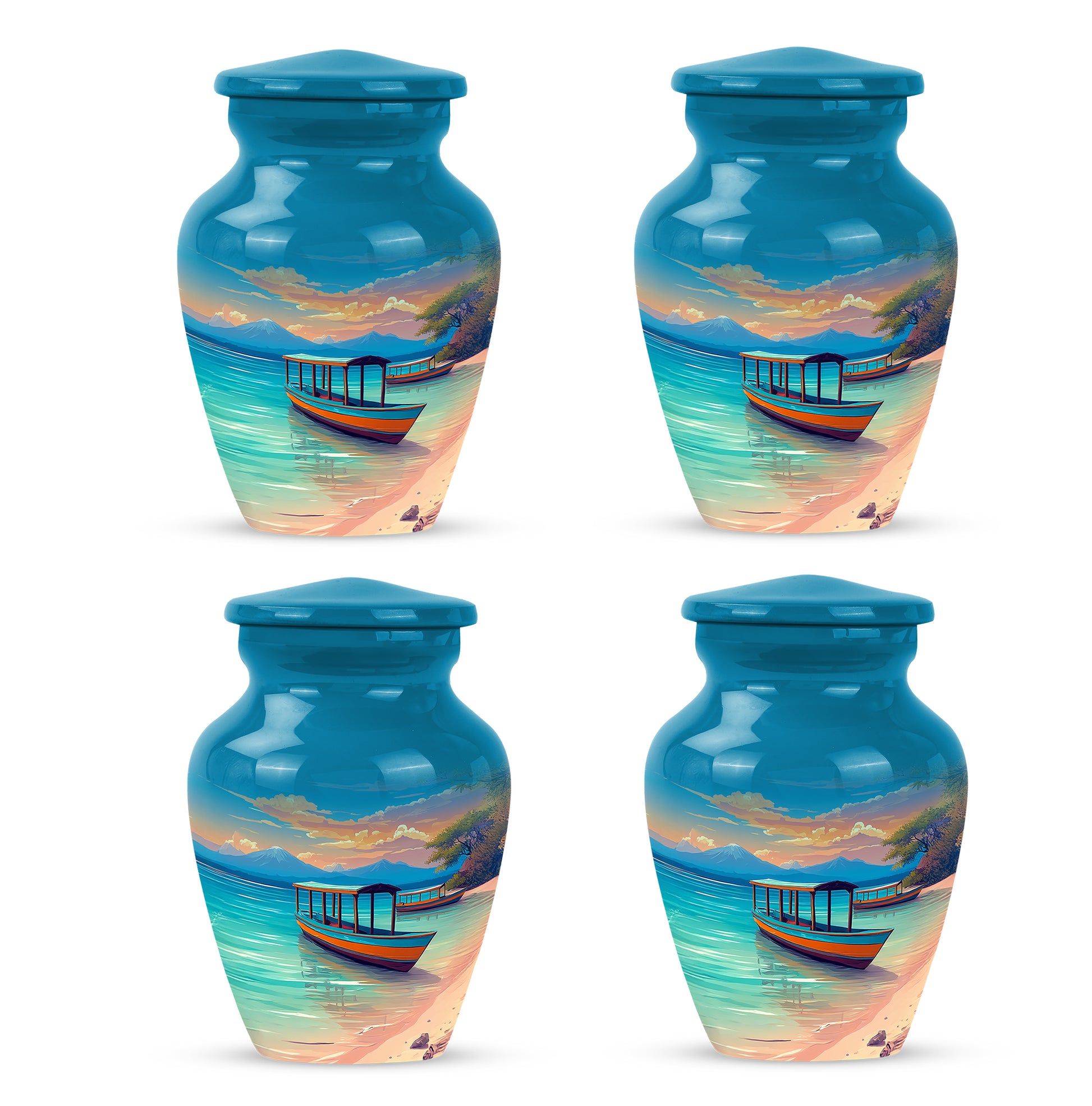 Powder Blue Beach Cremation Urn side profile showing urn shape - classic sculpted beach pattern on smooth aluminum - 10 inch aluminum urn for cremated remains