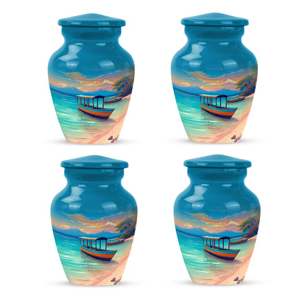 Powder Blue Beach Cremation Urn side profile showing urn shape - classic sculpted beach pattern on smooth aluminum - 10 inch aluminum urn for cremated remains