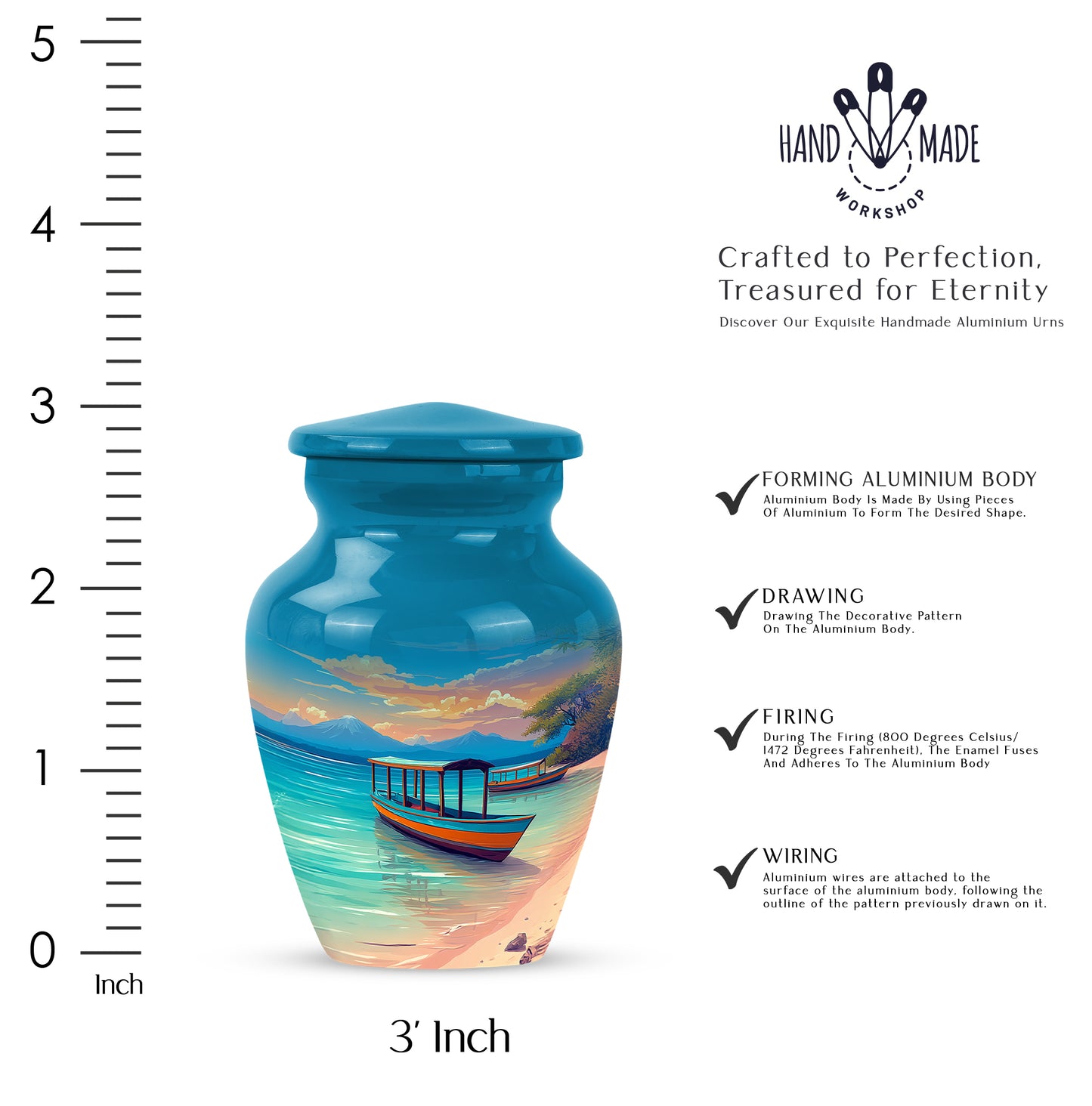 Pastel Blue Beach Cremation Urn close-up of engraving and surface detail - timeless beach motif etched into premium metal - mini keepsake memorial for portion of cremation ashes