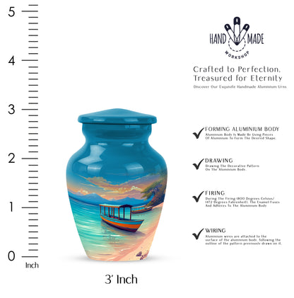 Pastel Blue Beach Cremation Urn close-up of engraving and surface detail - timeless beach motif etched into premium metal - mini keepsake memorial for portion of cremation ashes